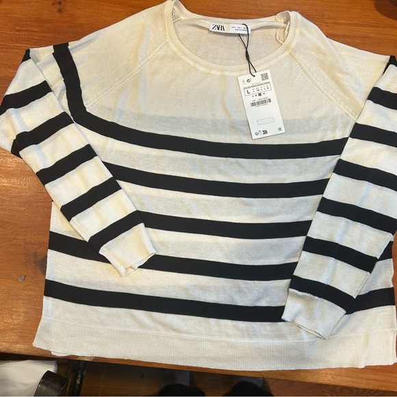 NWT Zara black/ivory striped lightweight sweater, size Large Nautical - Picture 1 of 10